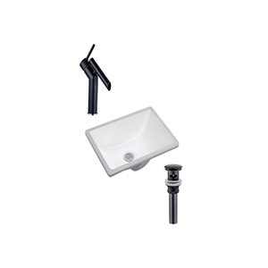 Lavabo rectangle en céramique DROP Bath and Kitchen sous plan blanc de 17,9 po l. avec robinet et bonde noirs