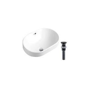 DROP Bath and Kitchen 23.8-in W Oval Ceramic Bathroom Vessel Sink Set in White w/ Black Drain