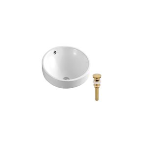 DROP Bath and Kitchen 18-in Dia. Round Ceramic Bathroom Vessel Sink Set in White w/ Gold Drain