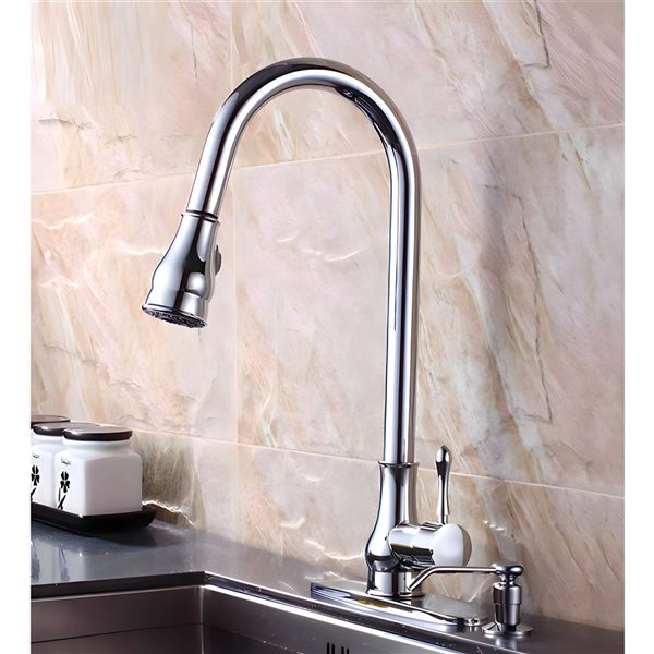 DROP Bath and Kitchen Single Hole Chrome Brass Round Shape Kitchen Sink Faucet