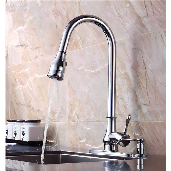 DROP Bath and Kitchen Single Hole Chrome Brass Round Shape Kitchen Sink Faucet