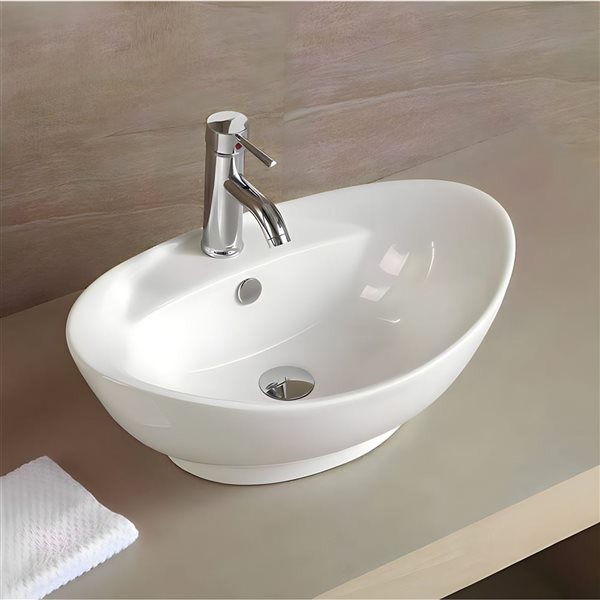 Lavabo-vasque ovale 23,2 po l. blanc en céramique pour salle de bain sur plan avec bonde chromée