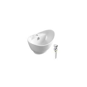 Lavabo-vasque ovale 23,2 po l. blanc en céramique pour salle de bain sur plan avec bonde chromée