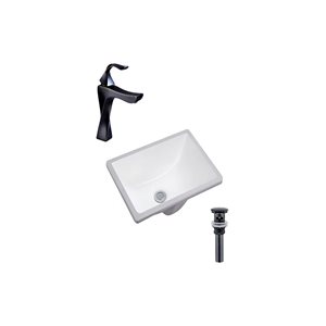 Lavabo sous plan rectangle DROP Bath and Kitchen de 17,9 po l. en céramique blanche avec robinet et bonde noirs