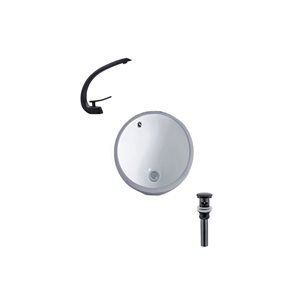 DROP Bath and Kitchen 15.7-in W Round Ceramic Bathroom Undermount Sink Set in White w/ Black Faucet and Drain