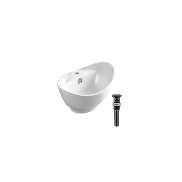 Lavabo-vasque ovale 23,2 po l. blanc en céramique pour salle de bain sur plan avec bonde noire