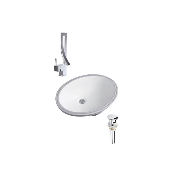 DROP Bath and Kitchen 23.6-in W Oval Ceramic Undermount Bathroom Sink Set in White w/ Chrome Faucet and Drain