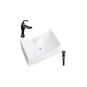 DROP Bath and Kitchen 26.5-in W Rectangle White Ceramic Above Counter Bathroom Vessel Sink Set - Black Faucet/Drain