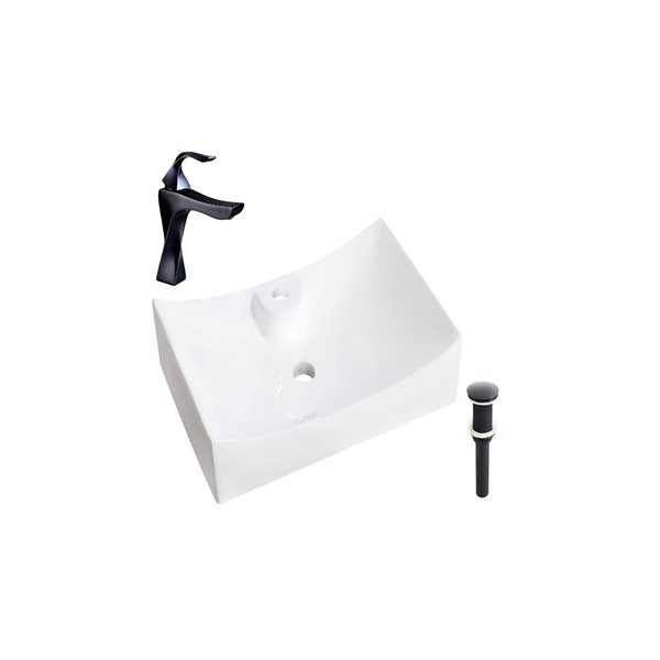 Ensemble lavabo-vasque sur plan en céramique DROP Bath and Kitchen rectangle blanc 26,5 po l. avec bonde/robinet noirs