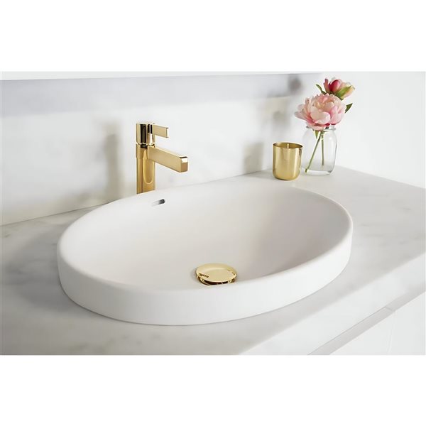 DROP Bath and Kitchen 23.8-in W Oval Ceramic Bathroom Vessel Sink Set in White w/ Gold Drain