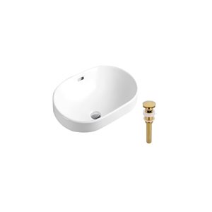 DROP Bath and Kitchen 23.8-in W Oval Ceramic Bathroom Vessel Sink Set in White w/ Gold Drain