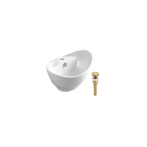 Lavabo-vasque ovale 23,2 po l. blanc en céramique pour salle de bain sur plan avec bonde dorée