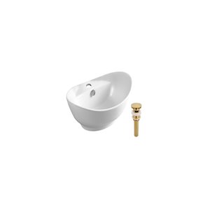 Lavabo-vasque ovale 23,2 po l. blanc en céramique pour salle de bain sur plan avec bonde dorée