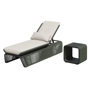 Sirio Maranta 2-Piece Green Aluminum and Wicker Lounger and End Table Set - Light Grey Cushions Included