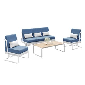 Sirio Maranta 4-Piece White Aluminum and Wicker Outdoor Conversation Set - Blue Cushions