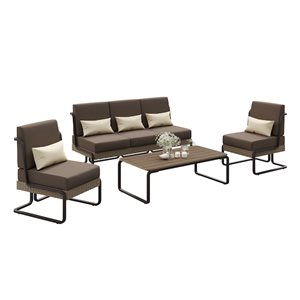Ensemble de conversation extérieur 4 pièces Maranta de Sirio en aluminium et osier kaki, coussins bruns