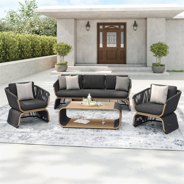 Sirio Maranta 4-Piece Dark Grey Aluminum and Wicker Outdoor Conversation Set - Black Cushions