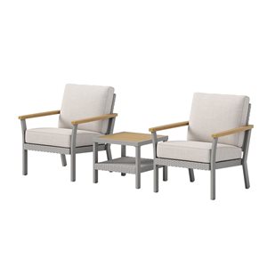 SONGMICS HOME Sencillo 3-Piece Gray PE Rattan and Faux Wood Patio Furniture Set w/ Beige Cushion