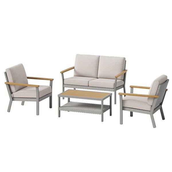 SONGMICS HOME Sencillo 4-Piece Gray PE Rattan and Faux Wood Patio Furniture Set w/ Beige Cushion