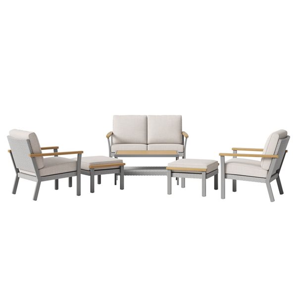 SONGMICS HOME Sencillo 6-Piece Gray PE Rattan and Faux Wood Patio Furniture Set w/ Beige Cushion