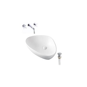 DROP Bath and Kitchen 26.4-in W Triangle Ceramic Bathroom Vessel Sink Set in White with Chrome Faucet and Drain