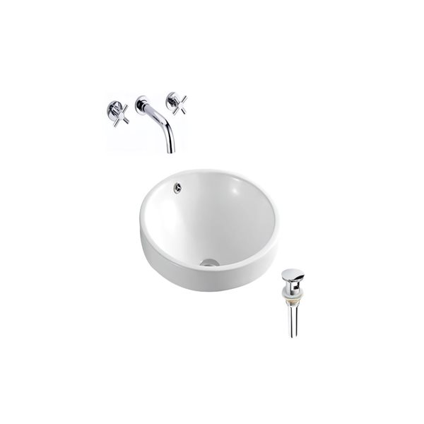 DROP Bath and Kitchen 18-in W Round Ceramic Bathroom Vessel Sink Set in White with Chrome Faucet and Drain