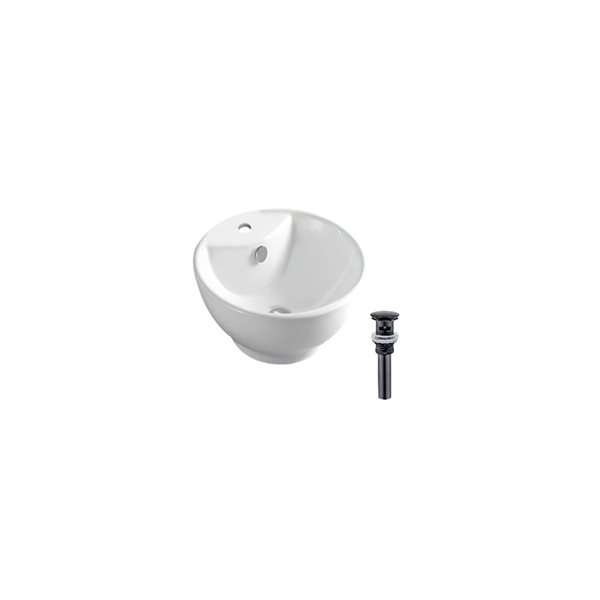 DROP Bath and Kitchen 18-in W Round Ceramic Above Counter Bathroom Vessel Sink Set in White with Black Drain