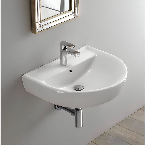 Ensemble lavabo-vasque semi-ronde DROP Bath and Kitchen 17,5 po l. murale céramique blanche, robinet/bonde noirs