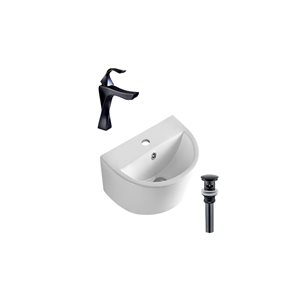 DROP Bath and Kitchen 17.5-in W Semi-Circular White Ceramic Wall Mount Bath Vessel Sink Set with Black Faucet and Drain