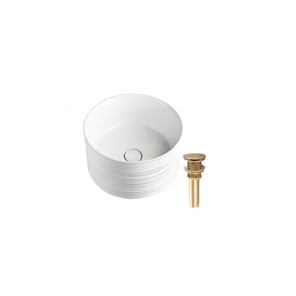 DROP Bath and Kitchen 16.3-in W Round Ceramic Bathroom Vessel Sink Set in White with Gold Drain