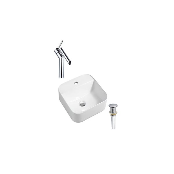 Ensemble lavabo-vasque carrée sur plan DROP Bath and Kitchen 15,3 po l. blanc en céramique à bonde et robinet chromés