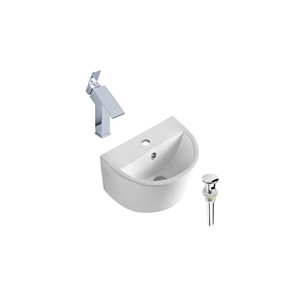 DROP Bath and Kitchen 17.5-in W Semi-Circular White Ceramic Wall Mount Bath Vessel Set with Chrome Faucet and Drain