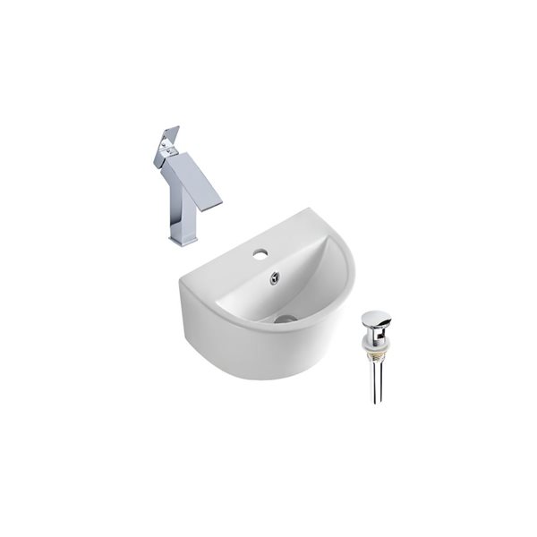 Ensemble pour vasque semi-ronde DROP Bath and Kitchen 17,5 po l. murale en céramique blanche, robinet/bonde chromés