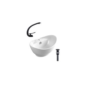 Ensemble lavabo-vasque ovale sur plan DROP Bath and Kitchen 23,2 po l. en céramique blanche, robinet et bonde noirs