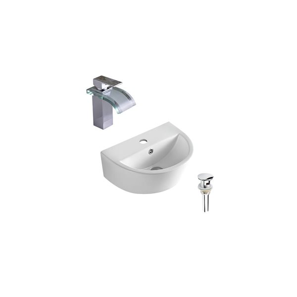 Ensemble pour vasque semi-ronde DROP Bath and Kitchen 17,5 po l. blanche murale céramique, bonde/robinet chromés