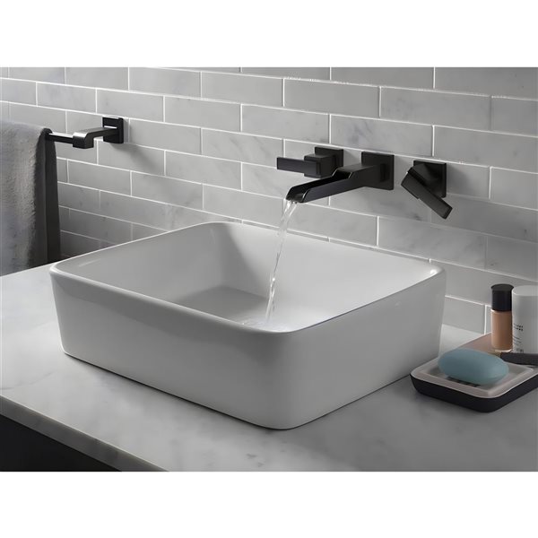 DROP Bath and Kitchen 20-in W Rectangular Ceramic Bathroom Vessel Sink Set in White with Black Drain