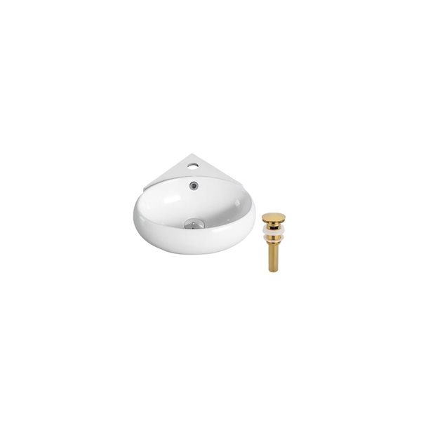 Ensemble lavabo-vasque ovale murale DROP Bath and Kitchen 13,7 po l. en céramique blanche, bonde dorée