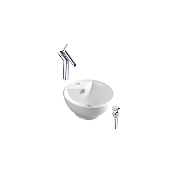 DROP Bath and Kitchen 18-in W Round Ceramic Above Counter Vessel Sink Set in White with Chrome Faucet and Drain