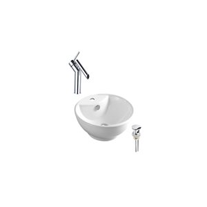 DROP Bath and Kitchen 18-in W Round Ceramic Above Counter Vessel Sink Set in White with Chrome Faucet and Drain