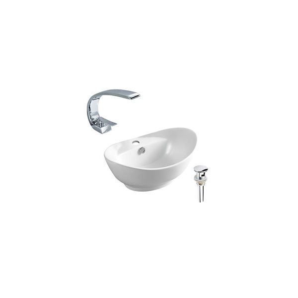 DROP Bath and Kitchen 23.2-in W Oval White Ceramic Above Counter Vessel Sink w/ Chrome Faucet and Drain