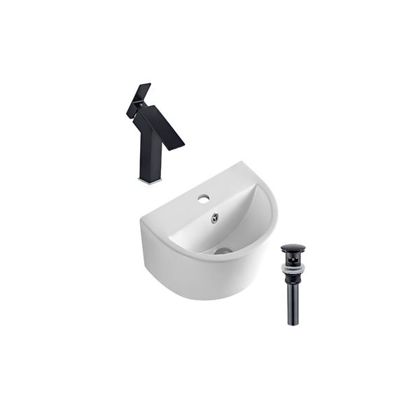 DROP Bath and Kitchen 17.5-in W Semi-Circular White Ceramic Wall Transitional Vessel Set w/ Black Faucet and Drain