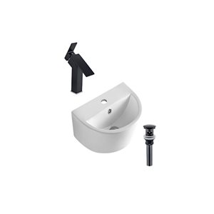 Ensemble à vasque semi-ronde actuelle DROP Bath and Kitchen 17,5 po l. murale blanche céramique, bonde/robinet noirs