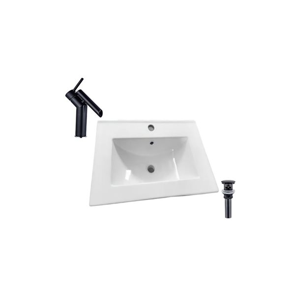 DROP Bath and Kitchen 24.2-in W Rectangular Ceramic Bathroom Vanity Top Set in White with Black Faucet and Drain