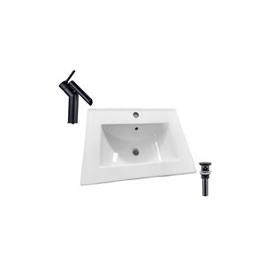 Ensemble comptoir-lavabo monobloc rectangulaire DROP Bath and Kitchen céramique blanche 24,2 po l., robinet/bonde noirs