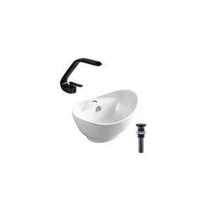 DROP Bath and Kitchen 23.2-in W Oval White Ceramic Above Counter Vessel Sink w/ Black Faucet and Drain