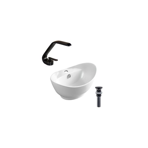 Ensemble lavabo-vasque ovale DROP Bath and Kitchen 23,2 po l. sur plan en céramique blanche, robinet/bonde noirs