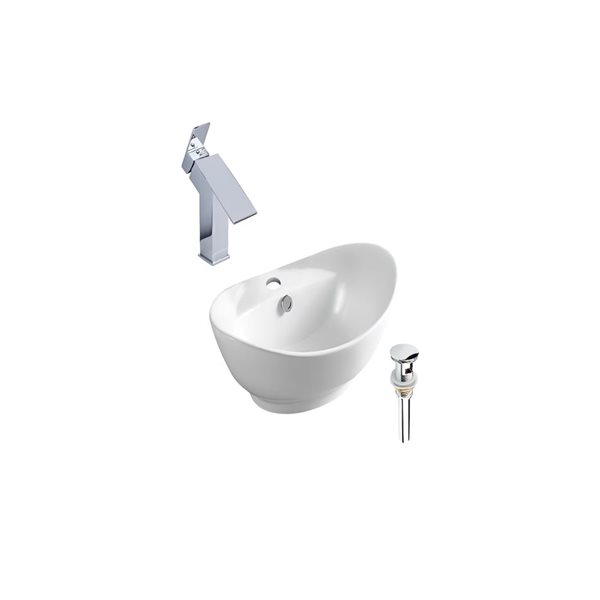 DROP Bath and Kitchen 23.2-in W Oval Ceramic Above Counter Bathroom Vessel Set in White with Chrome Faucet and Drain