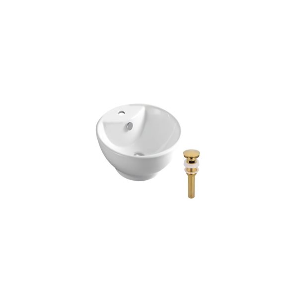 DROP Bath and Kitchen 18-in W Round Ceramic Above Counter Bathroom Vessel Sink Set in White with Gold Drain