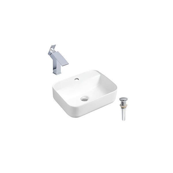 DROP Bath and Kitchen 20.3-in W Rectangular White Ceramic Above Counter Vessel Sink Set w/ Chrome Faucet and Drain