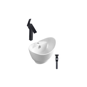 DROP Bath and Kitchen 23.2-in W Oval White Ceramic Transitional Bathroom Vessel Set with Black Faucet and Drain